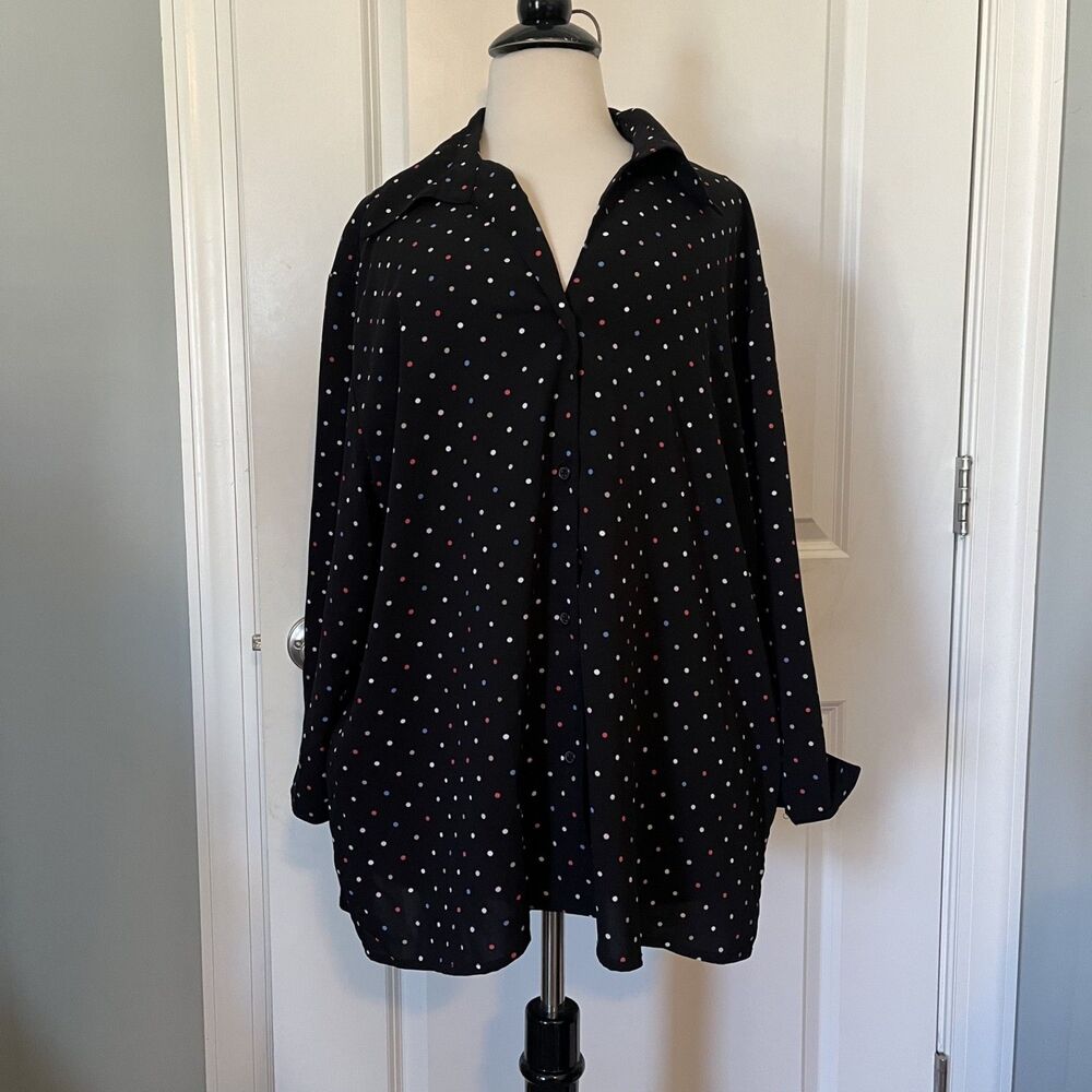 Apparenza Woman's 2x 3/4 Sleeve Black Polkadots Button Stretch Blouse Collar